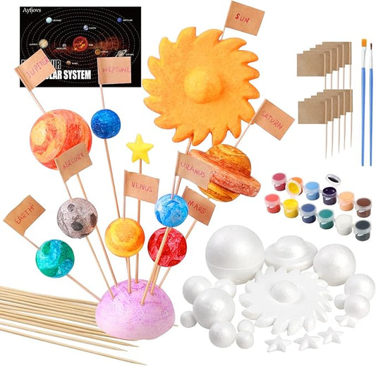 Ayfjovs 56PCS Solar System Foam Balls Crafts for Kids School Projects to Learn Planets, Includes 20pcs Mixed Sizes Polystyrene Balls, Color Pigments, Flags, Painting Brushes, Bamboo Sticks for DIY