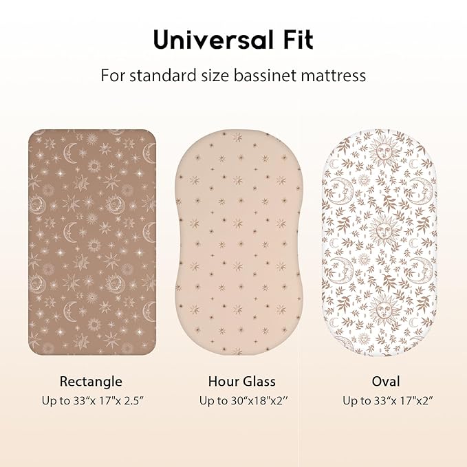 Baby Bassinet Sheets Girl Boy, Fitted Bassinet Sheet Set 3 Pack Bassinet Mattress Sheets Universal Fit for Rectangle, Round, Oval, Hourglass Mattress, Soft Breathable White Brown Sun God