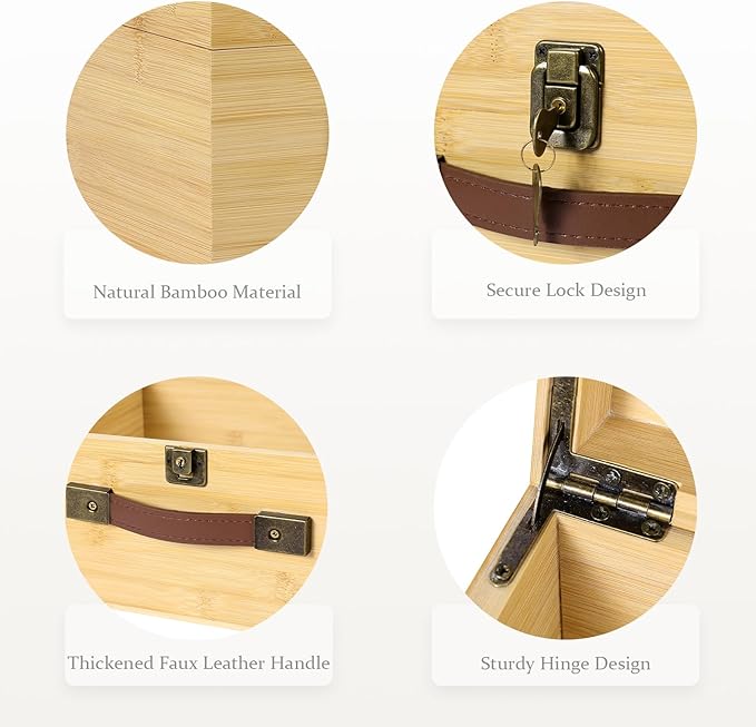 ANMINY Wooden Keepsake Memory Box with Locking Lid Bamboo Wood Storage Box with Hinged Lid & PU Leather Handles Large Decorative Wooden Chest Box for Crafts Stash Gifts - Natural, 12"L x 10"W x 6"H