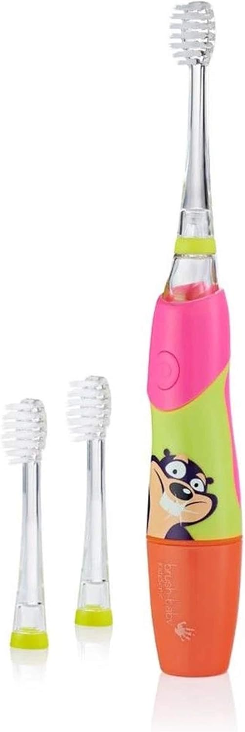 Brush Baby KidzSonic Toddler and Kid Electric Toothbrush for Ages 3+ Years - Disco Lights, Gentle Vibration, and Smart Timer Provide a Fun Brushing Experience - (3) 3+ yrs Brush Heads Included (Pink)