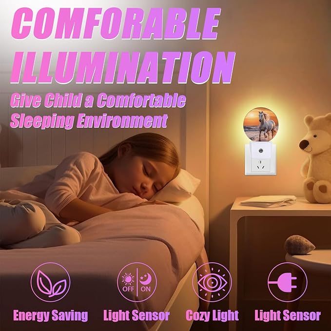 Running Horse Night Light Sunset Night Lights LED Lamp Round Plug into Wall Nightlight with Dusk to Dawn Sensor Home Hallway Stairway Kitchen Decor