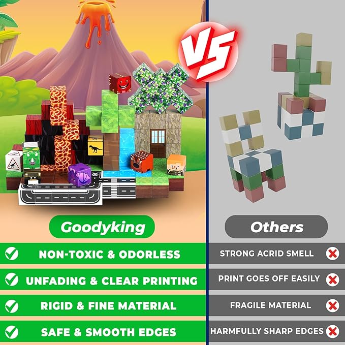 Goody King Dinosaur Volcano Magnetic Block World |100PCS Dinosaur Magnetic Block Cubes,STEM Montessori Sensory Toys for Toddlers Kids Boys Girls Ages 3-5 6-8 Christmas Birthday Gifts