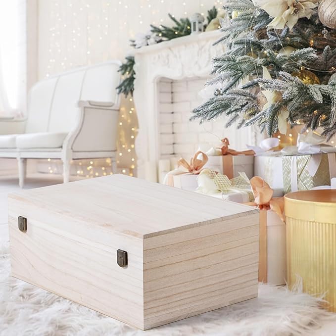 Wooden Storage Box with Hinged Lid and Front Clasp, 14''x9.4''x5.9'' Large Wood Storage Box Boxes Wood Gift Boxes for Crafts Art Hobbies and Valentine's Day Decoration