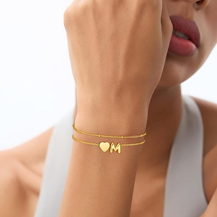 Heart Initial Bracelets for Women Girls - 18K Gold Plated A-Z Initial Bracelet Dainty Gold Bracelets for Women Teen Girl Gifts Trendy Stuff