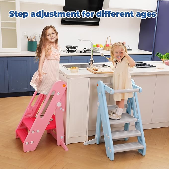 Onasti Toddler Tower Kitchen Stool Helper, Foldable & Adjustable Height Kids Learning Stool for Kitchen Counter Bathroom Sink, Child Ladder for Toddlers with Handles, Safty Rail, Non-Slip Pads-Blue