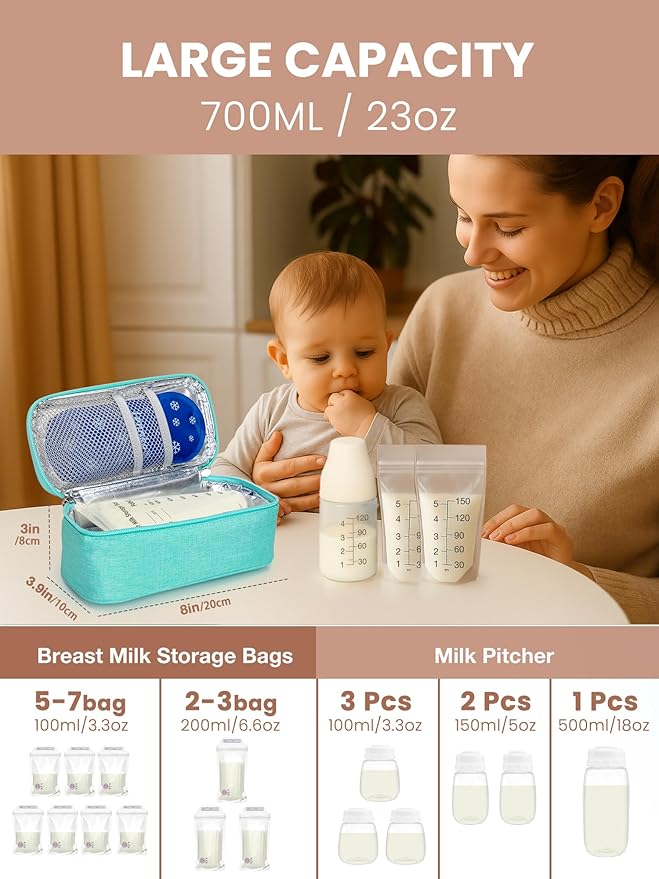 Breast Milk Cooler Travel Bag, Real-Time Temperature Display, Holds 4-6 Breastmilk Storage Bag with 2 Breast Milk Ice Pack, Cooling & Waterproof Portable Cooler for Moms on The Go(Light Green)