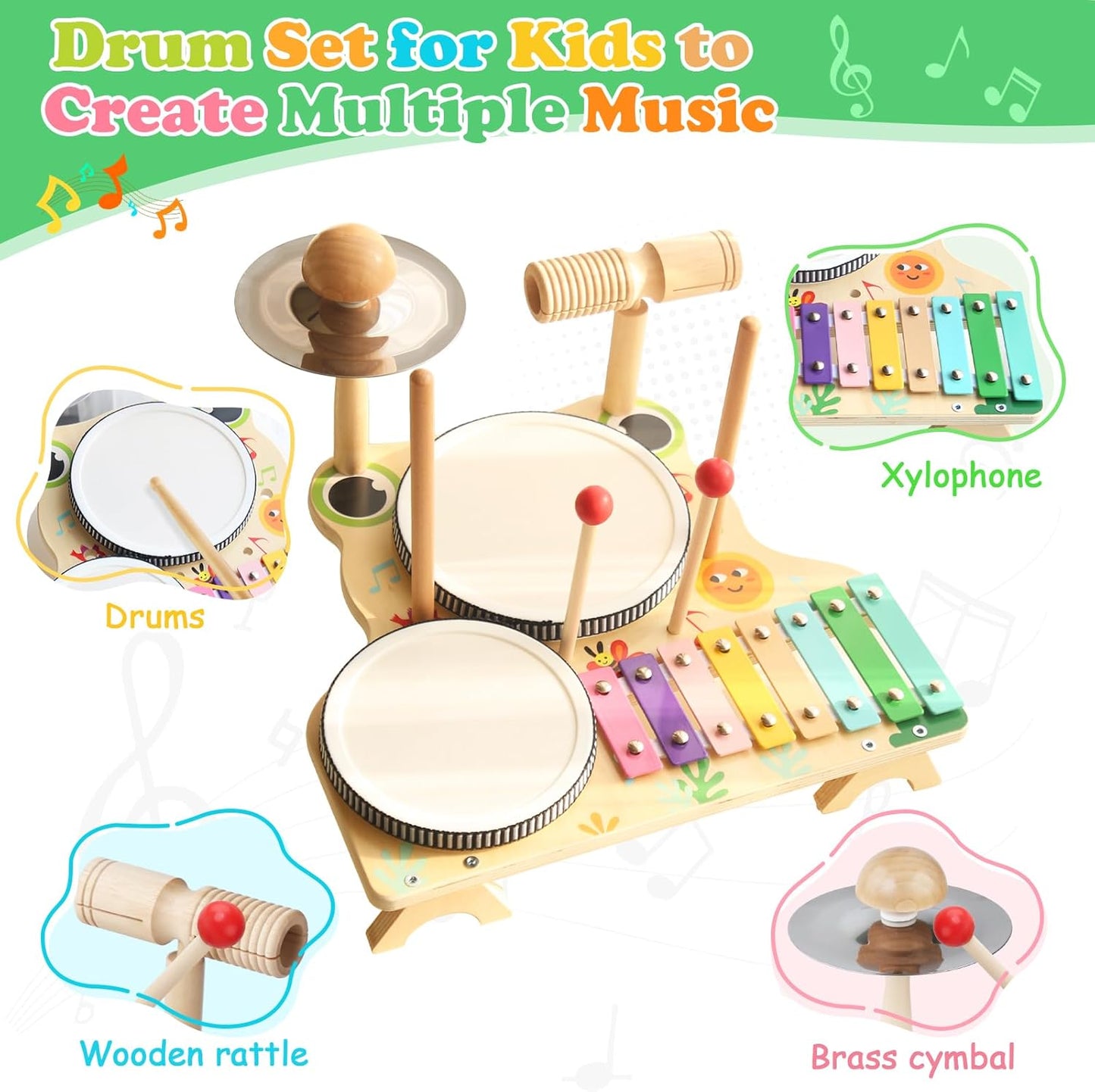Kids Drum Set for Toddlers, Montessori Wooden Musical Instruments Preschool Educational Baby Musical Toys, Xylophone Bell Music Sensory Toys Birthday Gifts for Girls Boys
