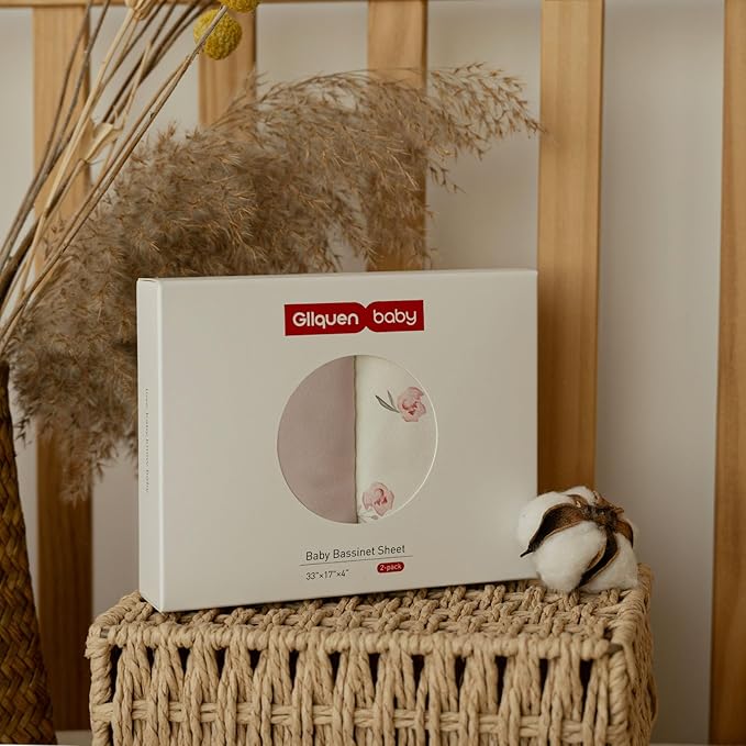 Gllquen Baby Bassinet Sheets 2 Pack, 100% Organic Cotton Bassinet Fitted Sheets for Girls Boys, Soft & Breathable Unisex Baby Mattress Sheet for Standard Bassinets 33"x17"(Pink)