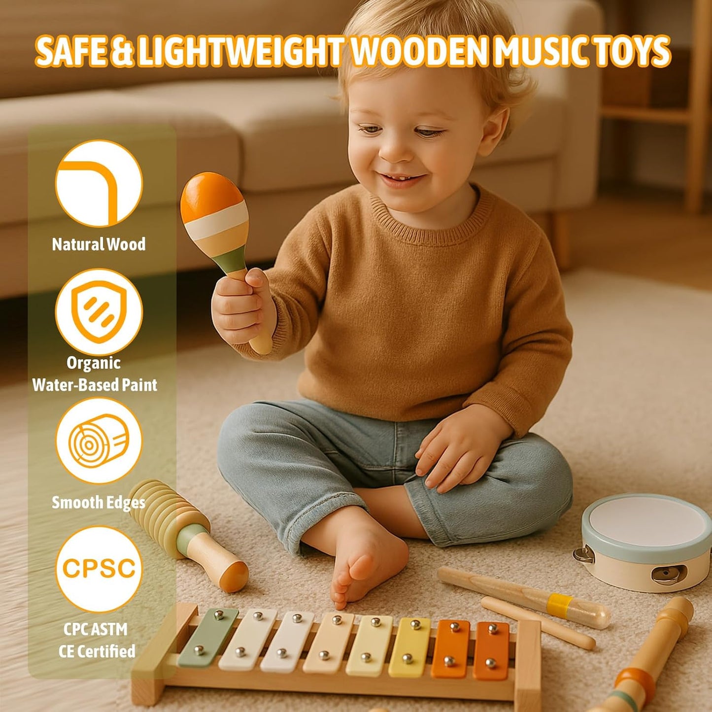 Baby Musical Instruments - Wooden Montessori Toys for Toddlers 1-3, Baby Musical Toys Percussion Instruments Set with Xylophone Tambourine, Neutral Preschool Educational Baby Toys for Boy Girls Gifts