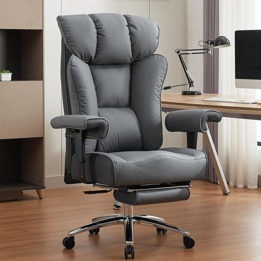 Efomao Big and Tall Office Chair 450LBS with Foot Rest, High Back PU Leather Executive Chair with Adjustable Padded Armrests, Lumbar Support for Home or Work, Heavy Duty Computer Chair, Grey