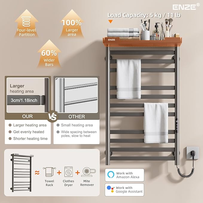 ENZE Heated Towel Rack with Shelf and Wi-Fi App Control, 11 Bars Electric Wall Mounted Towel Warmer with Timer & Adjustable Temperature, Low Carbon Steel, Plug-in/Hardwired, Gray