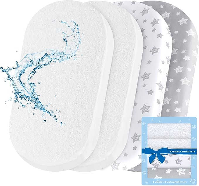 Bassinet Sheets & Waterproof Bassinet Mattress Pad Protector 4 Pack Set, Viscose Terry, Universal Fit for Oval, Hourglass and Rectangular Mattress, Grey & White