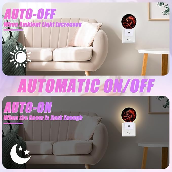 Red Dragon Night Light LED Lamp Round Plug into Wall Nightlight with Dusk to Dawn Sensor Home Hallway Stairway Kitchen Decor