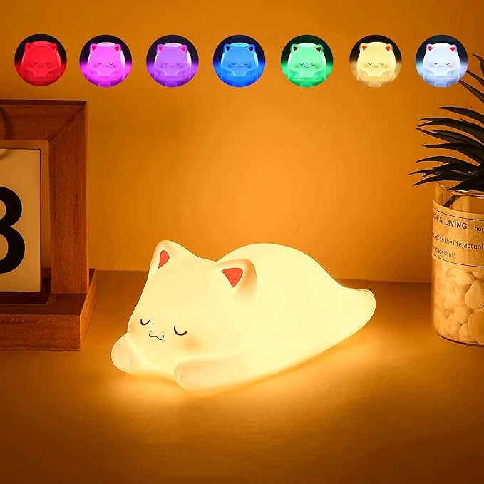 Tremdwoto Cat Night Light for Kids,Cute Colorful Night Light Baby Girl Squishy Night Lights Lamp 1/3 Hour Timer Kitty Light Dimmable Nursery Nightlight,Children's Room Decor，Gifts for Boys and Girls