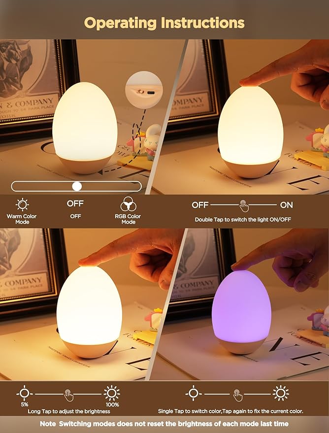 Egg Light for Nursery, 256 RGB Baby Night Light, Rechargeable Night Light for Kids, Portable Small Cordless Bedside Lamp for Girl/Boy/Toddler/Bedroom