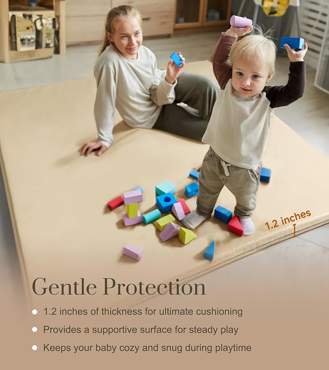 Baby Mat for Floor, Thick Soft Non-Toxic Vegan Leather Baby Play Mat, Waterproof Foam Play Mat, Padded Play Mat for Baby, 50x50 Playpen Mat, Infant Playmat for Baby Girls and Boys, Beige