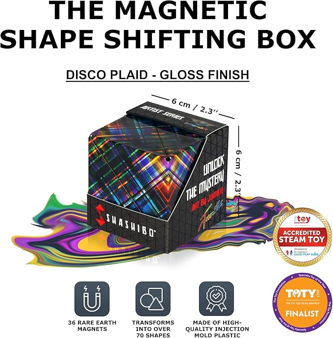 SHASHIBO Shape Shifting Box - Award-Winning Fidget Toy w/ 36 Rare Earth Magnets - Fidget Cube Transforms Into Over 70 Shapes, Sensory Toy Gift for Kids, Teens, and Adults (Disco Plaid)