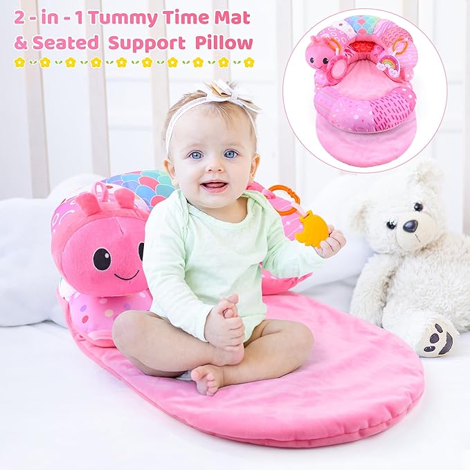 2-in-1 Tummy Time Mat & Seated Support Pillow Baby Toys 6-12 Months, Baby Tummy Time Toys Sit Me Up Floor Seat for Newborns and Older Babies, with Detachable Support Pillow and Toys(Pink)