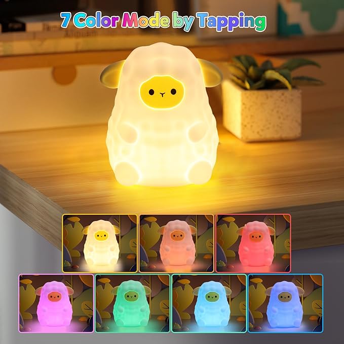 Cute White Sheep Night Light for Kids, 7-Color Changing & 3 Adjustable Brightness Levels,Rechargeable Silicone Bedside Lamp, Animal Night Lamp for Kids Room, Gift for Boys & Girls