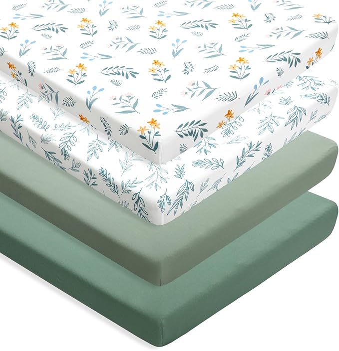 Nursery Sheets - 4 Pack Sage Green Fitted Breathable Unisex Baby Sheets with Leaf and Flower Design for Mini Crib