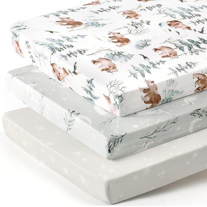 Stretchy Ultra Soft Jersey Knit Fitted Pack n Play Sheets 3 Pack, Portable/Mini Crib Sheets for Boys and Girls, Universal Fit for Pack N Plays Safe and Snug, Stylish Pattern of Bear and Wolf Print