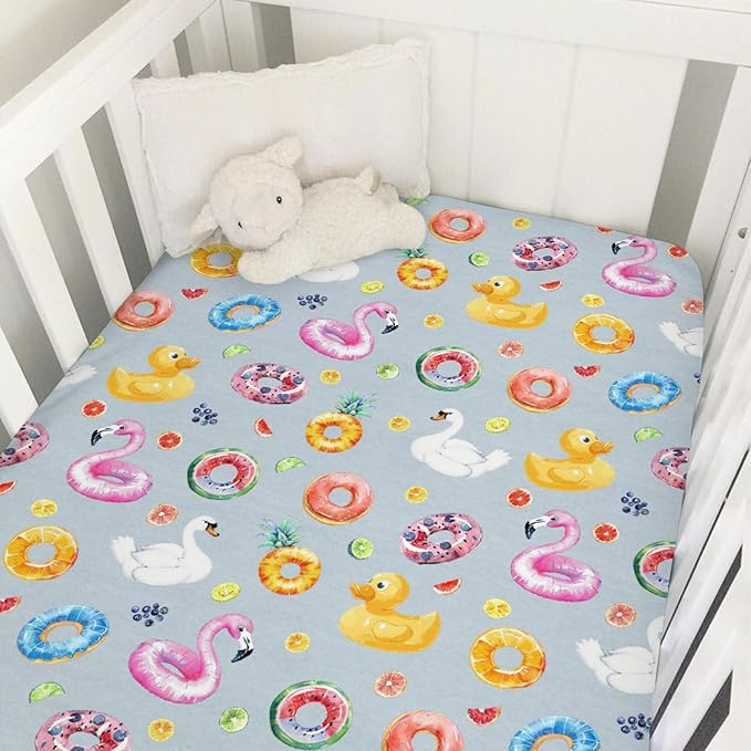 Summer Pool Floats Baby Crib Sheet 52''x28'' Tropical Flamingo Duck Watermelon Pineapple Stretchy Fitted Crib Mattress Cover for Boy Girl Soft Baby Bed Sheet for Standard Crib and Toddler Mattress