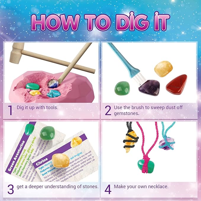 6PCS Gemstone Dig Kit for Kids – Dig Up Amethyst, Lapis Lazuli, Citrine, Red Jasper, Aventurine & Turquoise – DIY Jewelry Making STEM Science Kit Gift for Girls and Boys Ages 6+