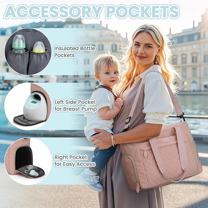 Diaper Bag Tote for Working Mom, Large Travel Diaper Tote for Mom and Dad with 14 Inch Laptop Sleeve, Mommy Maternity Travel Baby Bag for Boys and Girls, Pink