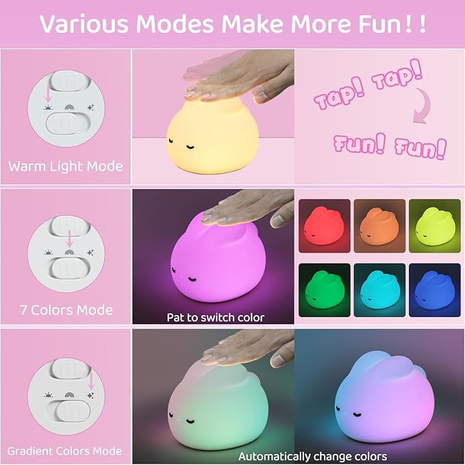 Cute Bunny Night Light, 3 Level Dimmable Nursery NightLight for Kids, Silicone Squishy Rabbit Lamp with Tap Control & Timer for Breastfeeding Toddler Baby Kids Decor Gift