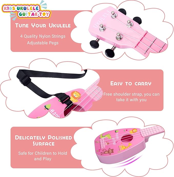 YOLOPLUS+ 17 Inch Kids Ukulele Guitar Toy 4 Strings Mini Children Musical Instruments Educational Learning Toy for Toddler Beginner Keep Tone Anti-Impact Can Play with Picks/Strap/Primary Tutorial