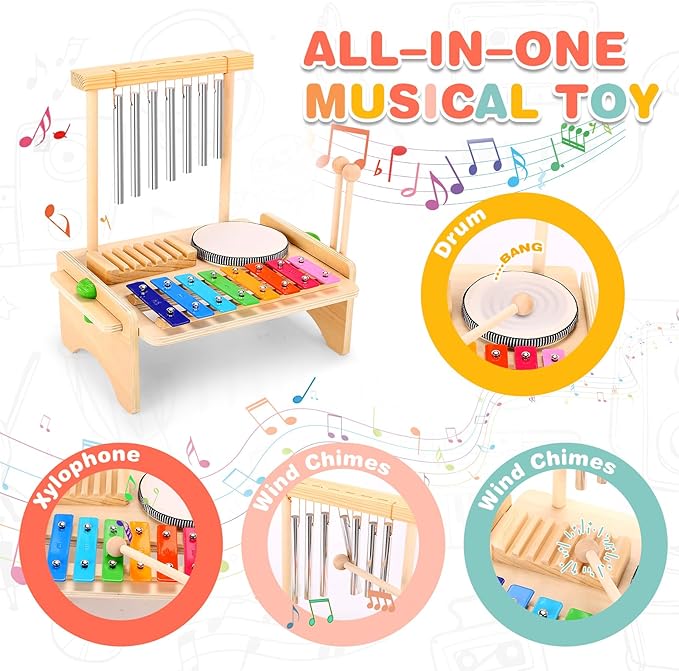 Kids Drum Set for Toddlers, Montessori Musical Instruments Toys, Toddler Drum Set Wooden Xylophone Musical Toys Birthday for Children Boys and Girls