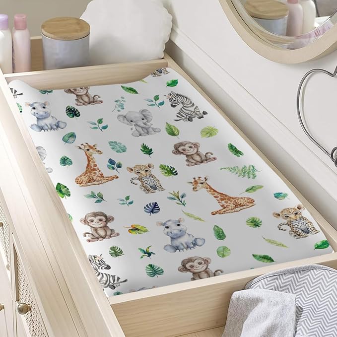 Jungle Safari Animals Tropical Leaves Changing Pad Covers Zoo Leopard Elephant Giraffe Zebra Hippo Monkey Baby Change Table Sheets for Boy Girl Soft Stretch Fitted Diaper Changing Pad Mats 32''x16''