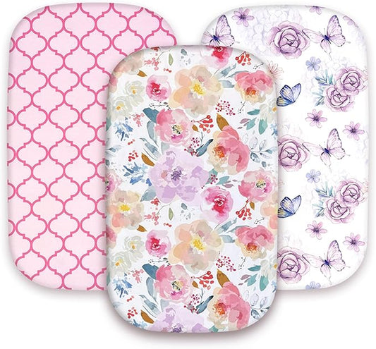 AMROSE 3 Pack Bassinet Sheets 33" x 20" Compatible with Mika Micky, Baby Delight, Dream On Me, AMKE and Other Rectangle Bassinet Mattress, Soft and Skin-Friendly, Happy Garden