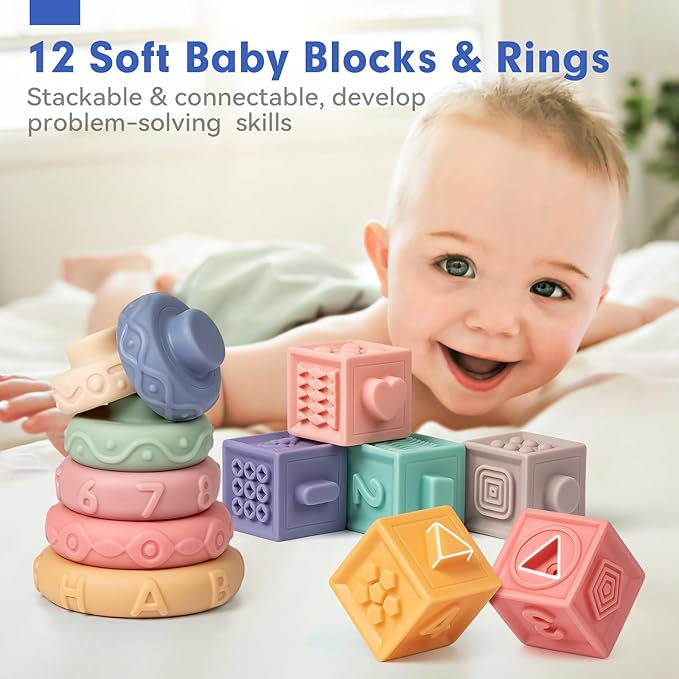 SpringFlower 3 in 1 Montessori Toys for Babies 0-3-6-12 Months, Rattle Teether & Baby Blocks & Soft Stacking Rings, Sensory Developmental Education Toys,Gift for Toddler Baby 0-3-6-12-18 Months