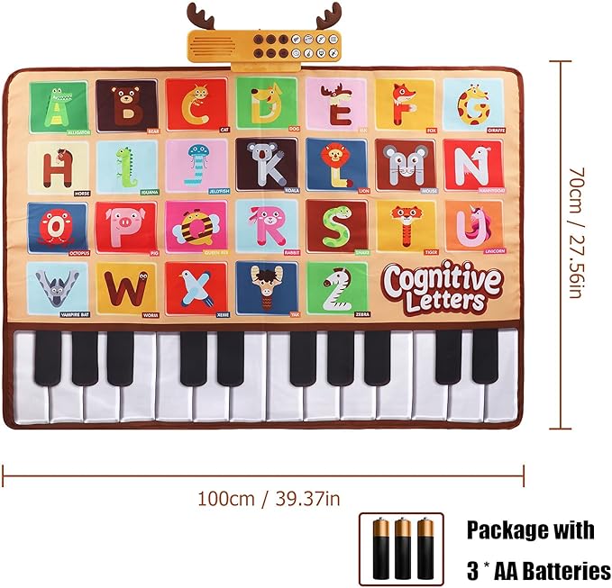 Bluejay Baby Piano Mat, Musical Keyboard Learning Toys with 26 Letters, Electronic Music Animal Touch Play Mat Toddler Toys Gifts for Boys and Girls 1 2 3 Year Old