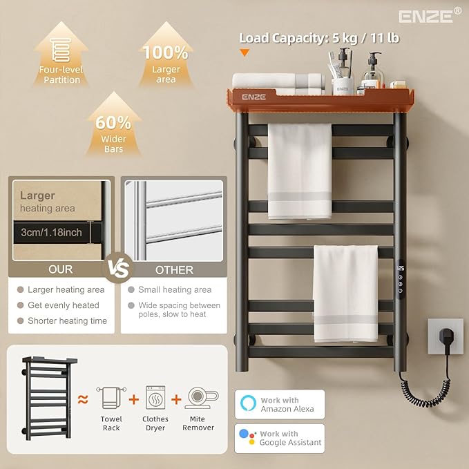 ENZE Heated Towel Rack with Shelf and Wi-Fi App Control, 8 Bars Electric Wall Mounted Towel Warmer with Timer & Adjustable Temperature, Low Carbon Steel, Plug-in/Hardwired, Matte Black