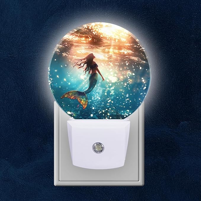 Round LED Night Lights Lamp with Dusk to Dawn Sensor, Beautiful Mermaid Swimming in The Deep Sea Night Light Plug Into Wall for Kids Room, Bedroom, Bathroom, Kitchen, Hallway