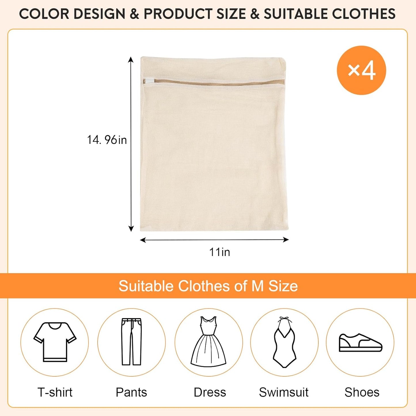 4-Piece Medium Durable Organic Cotton Mesh Laundry Bags with Sturdy Zippers and Breathable Mesh are Delicate Laundry Bags for Underwear, Clothes, Pants and Socks