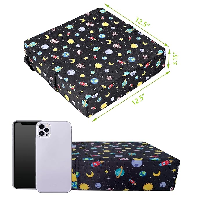 Taeku Booster Seat for Dining Table, Portable Kids Toddler Booster Chair Increasing Cushion Cartoon Seat Pad with 2 Safety Buckles for Kitchen Restaurant (Planet Black)