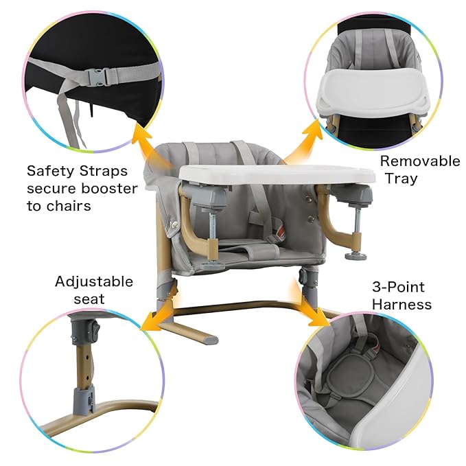 Baby Booster Seat for Table, Toddler Hook On High Chair with Tray, Adjustable Height Foldable Baby Feeding Chair with Carry Bag, for Kitchen Home Travel, Gray