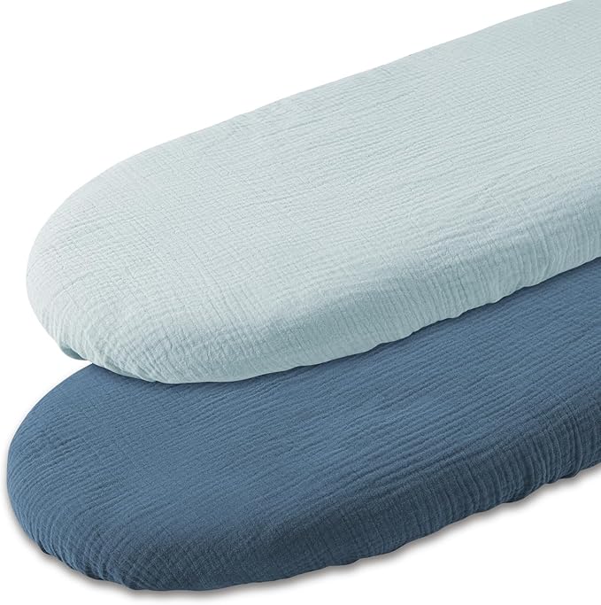 Muslin Bassinet Fitted Sheets, 2 Pack for Baby Boy and Girl, Soft Breathable Stretchy Baby Pad/Mattress Sheet Set, Universal Fit for Hourglass Oval and Rectangle Bassinet Mattress (Bright Colors)