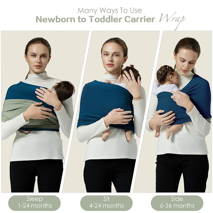 Baby Wraps Carrier, Baby Carrier Wrap Baby Wearing Wrap Newborn Wrap Carrier(7-30lbs), Baby Sling, Baby Carrier Sling for Newborn and Infant, Blue+Green