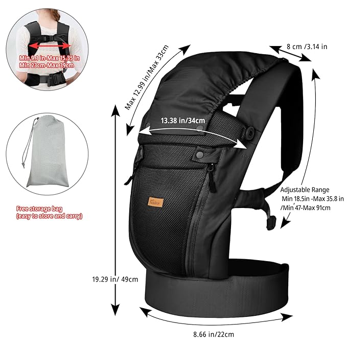 CUBY Newborn Baby Carrier with Head Support and Sunshield, Breathable & Easy Adjustable Newborn Toddler Front Baby Carriers Sling,Hands-Free Newborn Carrier up to 40lbs(Black,Upgraded-with Waist Belt)