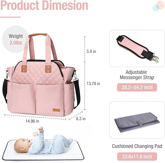Lekebaby Diaper Bag Tote, Large Diaper Bags Waterproof,Large Mommy Bag Tote Bag Handbag Pink Travel, Black and Beige