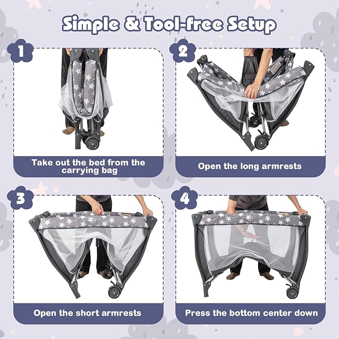 HONEY JOY Pack and Play with Bassinet, 4-in-1 Portable Baby Playard with Changing Table, Net & Cute Toys, Diaper Storage Bag, Music Box, Wheels with Brake, Foldable Newborn Play Yard w/Carry Bag