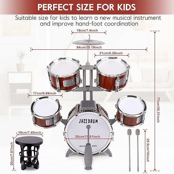 Toy Drum Set for Kids Ages 3-5 Toddler Jazz Drum Kit with 5 Drums Musical Instruments Toys for 3 4 5 Year Old Boys Girls Gifts
