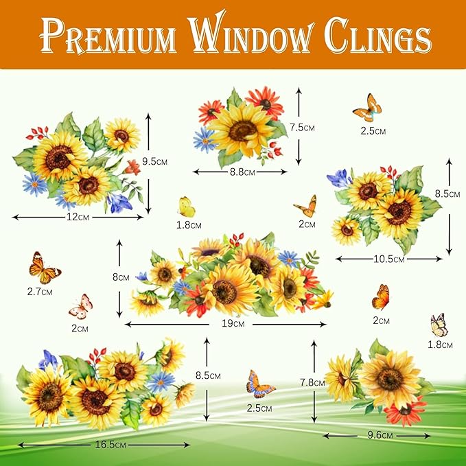 Sunflower Window Clings Spring Decorations Supply Summer Sticker Sunflower Decals Fall Window Decorations Autumn Clings Holiday Birthday Parties Bedroom Nursery Living Room Decor