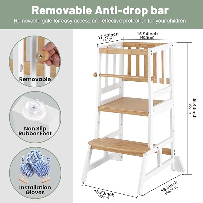 COSYLAND Toddler Standing Tower - Adjustable Height Toddler Kitchen Stool Helper - Kids Kitchen Step Stool for Learning with Removable Safety Railing White & Natural