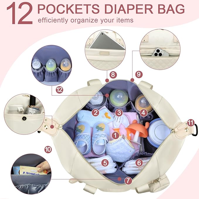 Diaper Tote - Diaper Bag with Pacifier Case, Shoulder Straps, Stroller Clips, Waterproof Mommy Bag for Mom and Dad, White