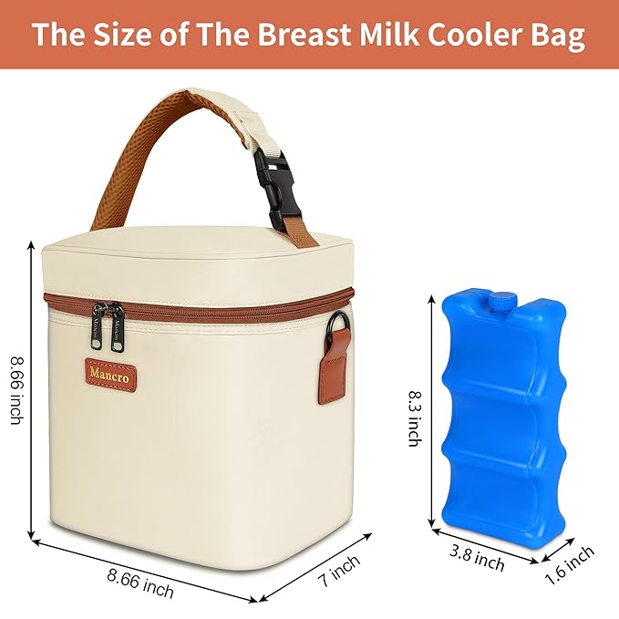 Mancro Breast Milk Cooler Travel Bag with Ice Pack, Insulated Baby Bottle Bag Fits for 6 Baby Bottles Up to 9 Ounce with Detachable Shoulder Strap, Breastmilk Cooler for Working Mom or Daycare, Beige